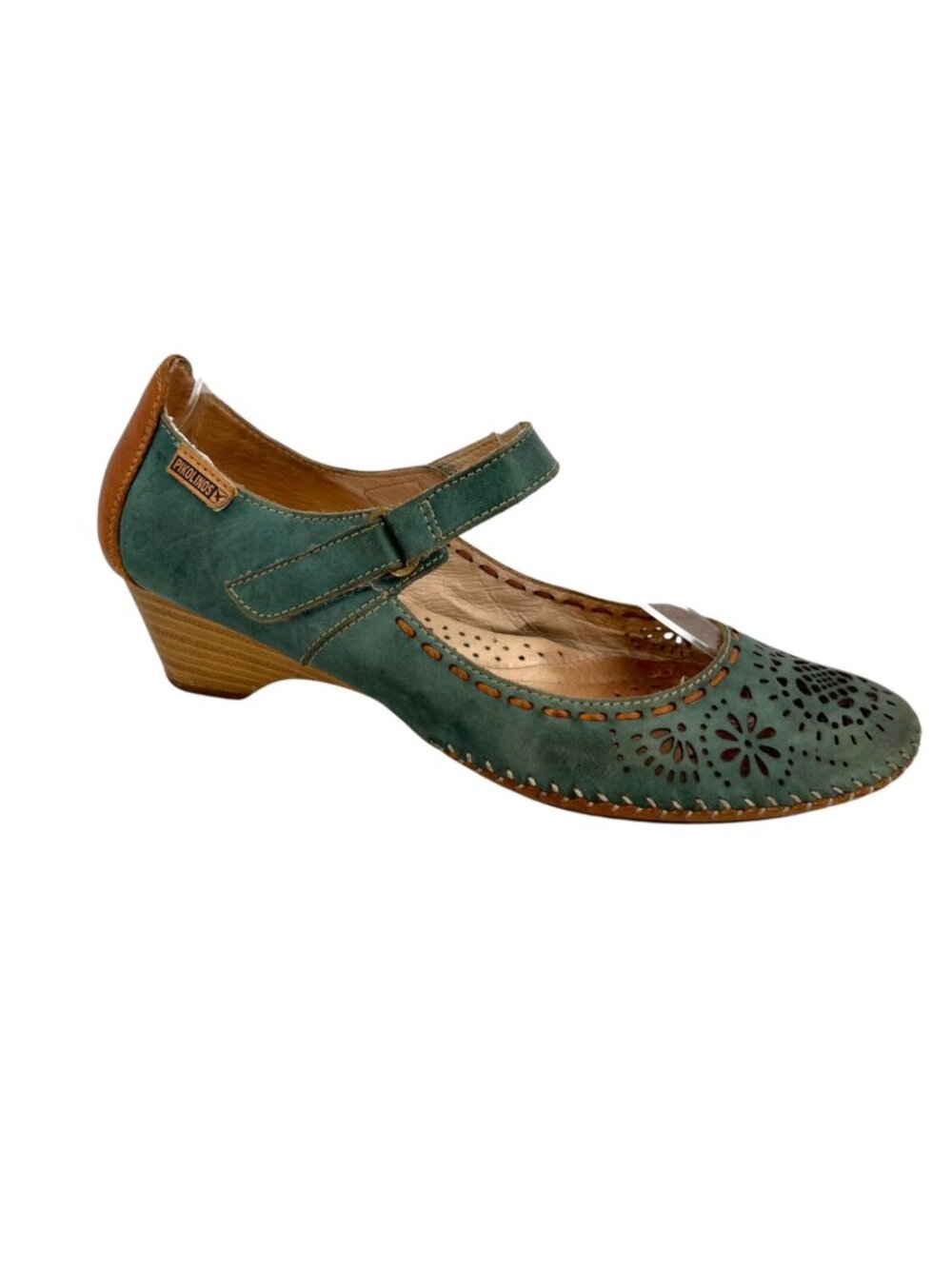 Pikolinos Leather Mary Jane Shoes Teal Laser-Cut Floral Design Size 40 9-9.5 US